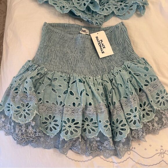 PLACE NATIONALE Top & Smocked Mini Skirt Two Piece Set Baby Blue - Picture 4 of 7